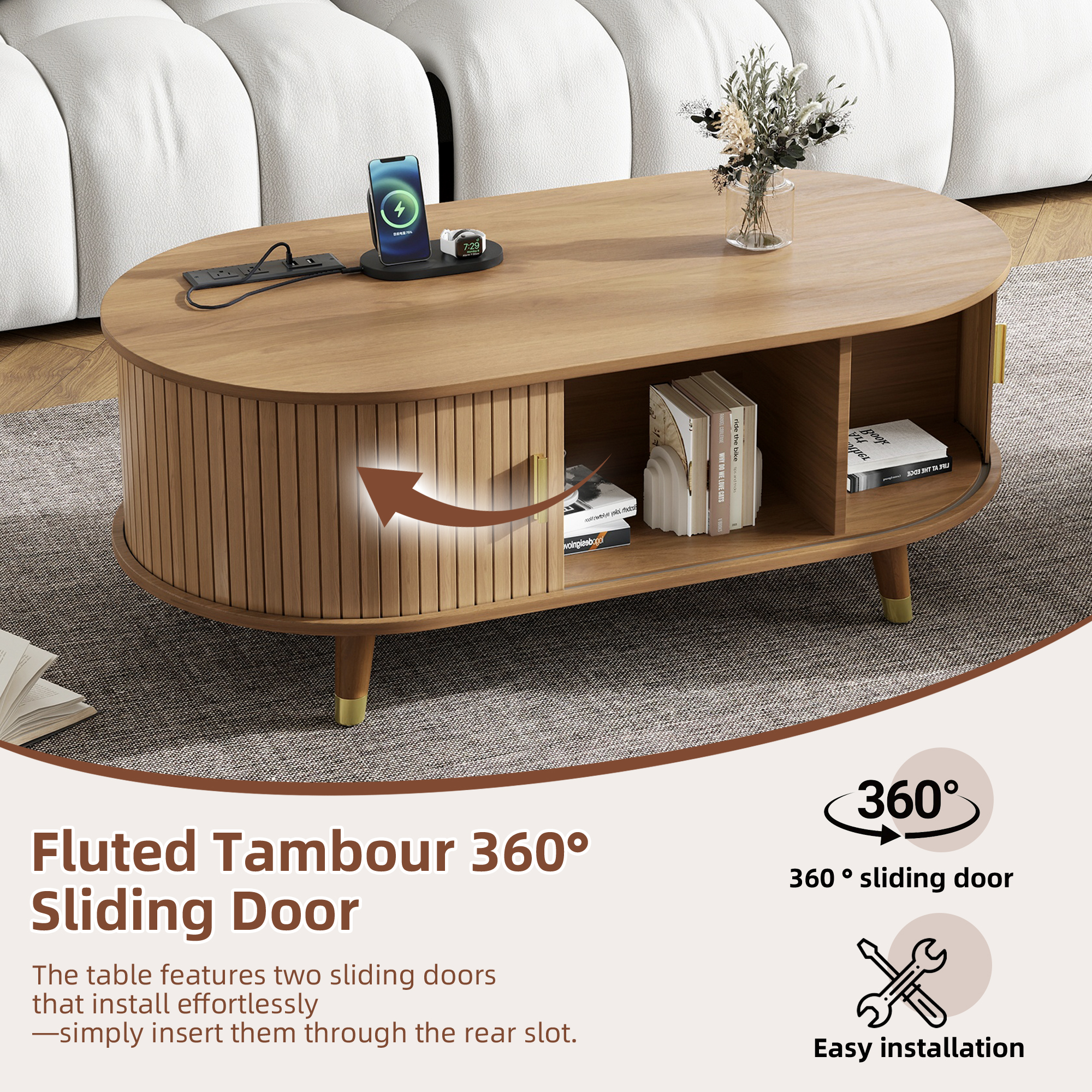 Euroco 42.5"W Wooden Oval Fluted Coffee Table with Charging Station, Mid-Century Center Table with Sliding Tambour Door,Farmhouse Cocktail Table for Living Room, Natural/Teak