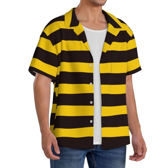 Picia Bee Stripe Men's Linen Shirts Short Sleeve Cuban Beach Shirts Casual Shirts Button Down Shirt for Men Beach Summer Wedding Shirt-