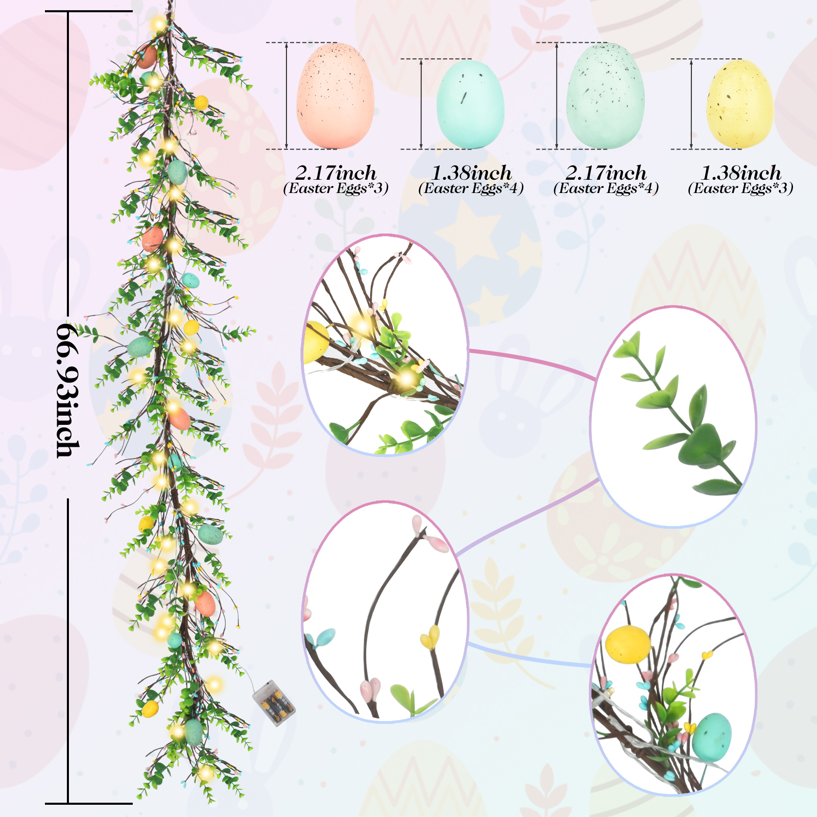 Easter Garland Spring Vine led Egg Light Rattan Artificial Eggs Garlands with Eucalyptus Leaf for Arch Home Holiday Party Mantle Fireplace Indoor Outdoor Festive Front Porch Decor - image 2 of 9