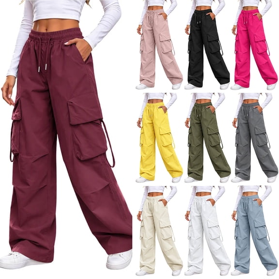 Dzrciro Cargo Pants for Women, Trendy Drawstring Elastic Waist Adjustable Hem Straight Leg Wine Work Pants with Multi Pockets, XS-4XL