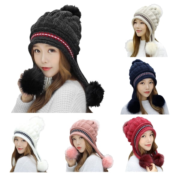 XIAOCHA Multi‑Pom Earflap Beanie for Women Solid Outdoor Hats Fall‑Winter Toque,Black
