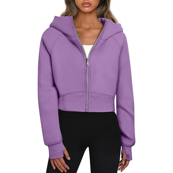 Cropped Cotton Hood Jackets with Thumb Holes Casual Sports Zip-up Hooded Sweatshirts for Womens Fall Fashion Outwear (X-Large, Purple)
