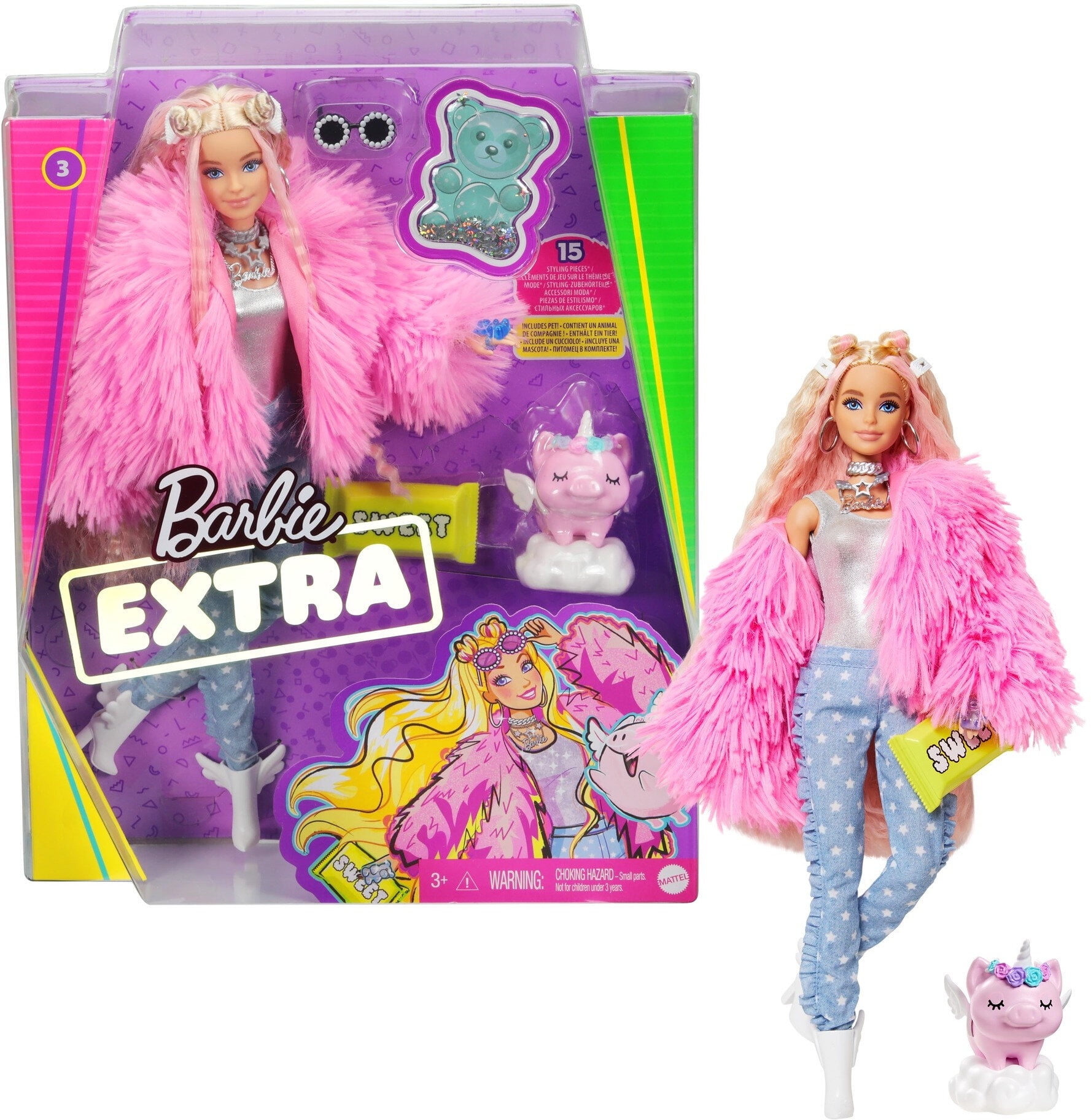 Barbie Extra Doll #3 in Pink Coat Pet Unicorn-Pig for Old & Up - Walmart.com