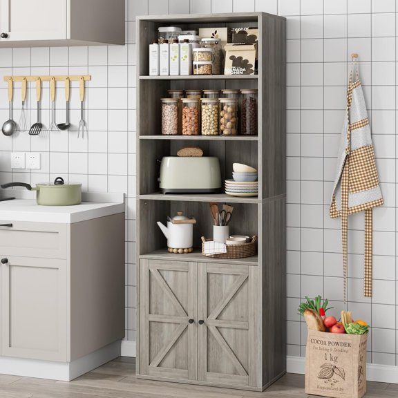 Farmhouse Bookcase with Doors, 11.8" Deep Display Storage Cabinet – 71.4" Tall Engineered Wood L-Shaped Floor-Mounted Bookshelf with 4 Open Shelves & Cabinet, Gray