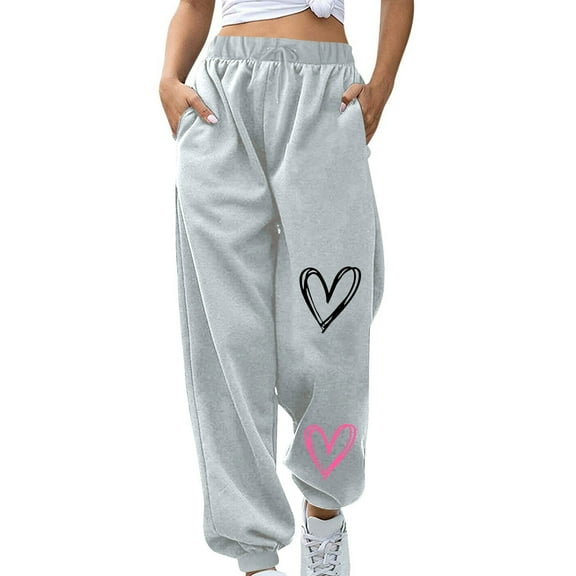 WREESH Womens Sweatpants Fashion Fall Winter Fitness Sport Relaxed Loose Printing Elastic Waist Long Sweatpants Gray