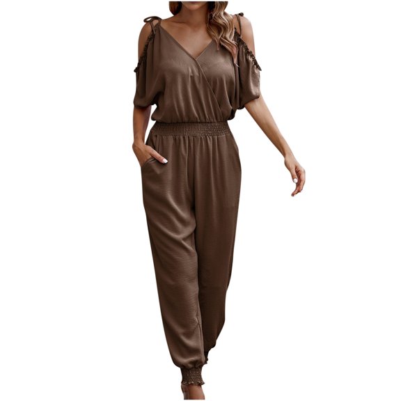Usmixi Womens Jumpsuits Casual Elastic Waist Cold Shoulder Strap Maxi Jumpsuits with Pocket Trendy Solid V-Neck Short Sleeve Long Summer Rompers Brown l