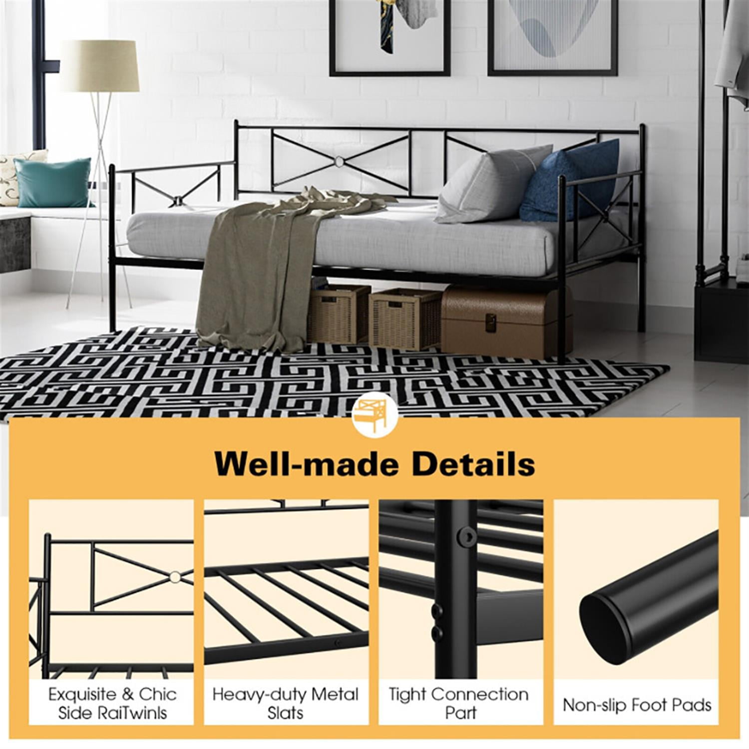 Demi Bonn Metal Daybed Twin Bed Frame Stable Steel Slats Sofa Bed, Modern Bed Frame for Teens, Black