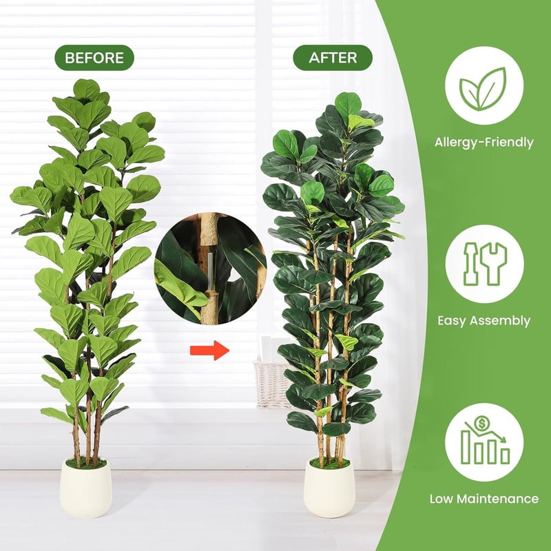 5FT/6FT/7FT Faux Fiddle Leaf Fig Tree with White Pot, Faux Trees with Artificial Plants  - Lifelike Fake Tree for Home Office Store Room Decor Indoor Outdoor