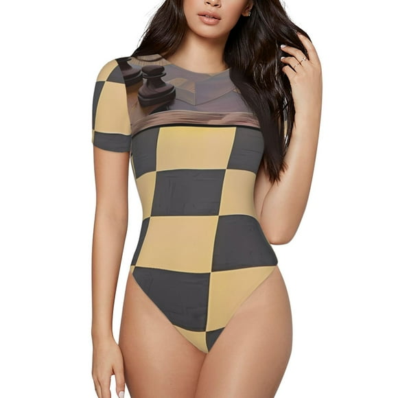 Fotbe Chess Board With Pawns Body de Mujer con Cuello Redondo y Mangas Cortas, Sin Mangas Ajustado, Suave, Cómodo y Básico-Medium