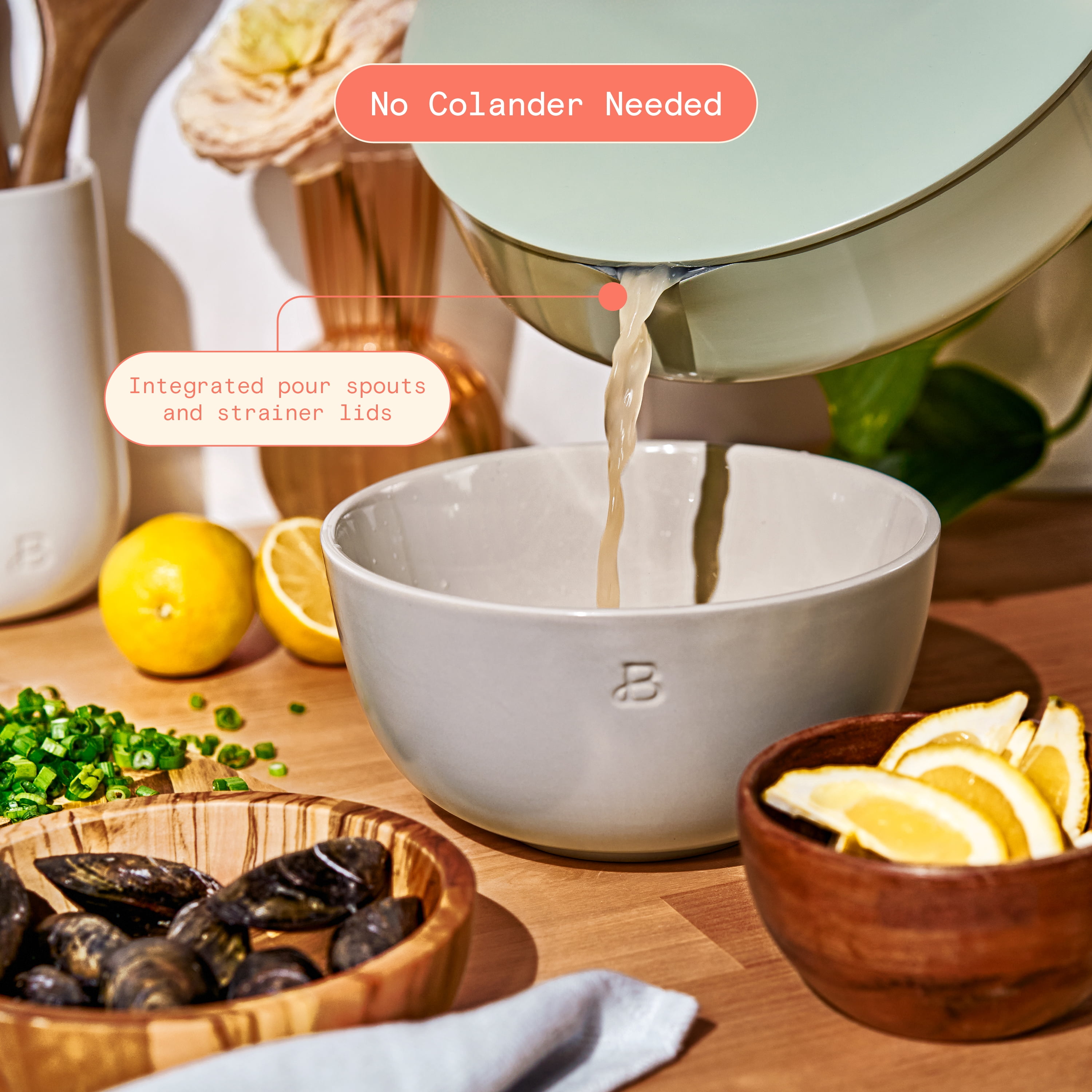Beautiful 5.5 Quart Saute Pan with Strainer Lid and EverGood Nonstick Coating, Sage Green by Drew Barrymore