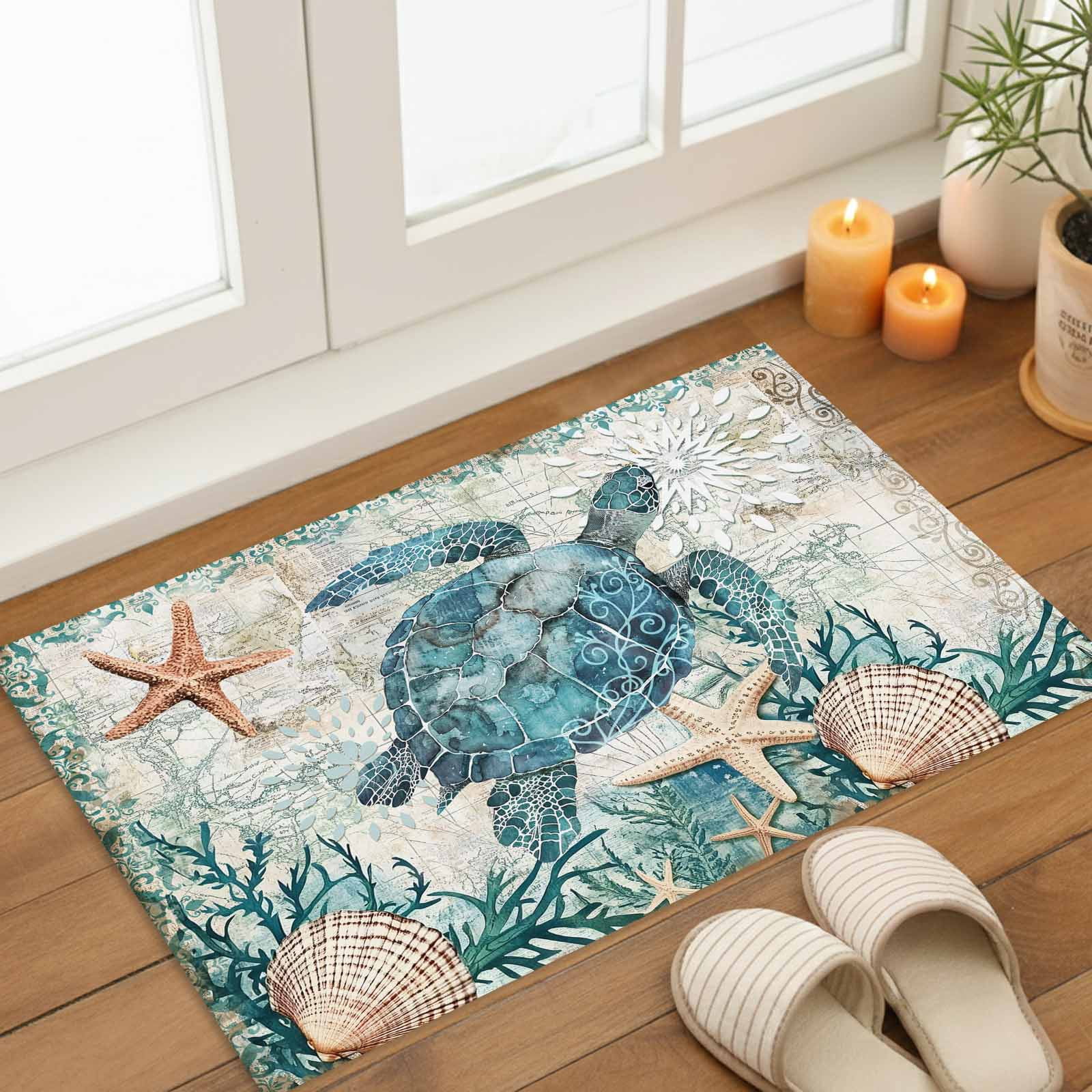 Teal Sea Turtle Indoor Door Mat - 16"x24", Non-Slip Welcome Mat for Outdoor, Coastal Coral Ocean Nautical Vintage Front Doormat for Entry, Low-Profile Doormat Entrance Rug for Kitchen/Bathroom