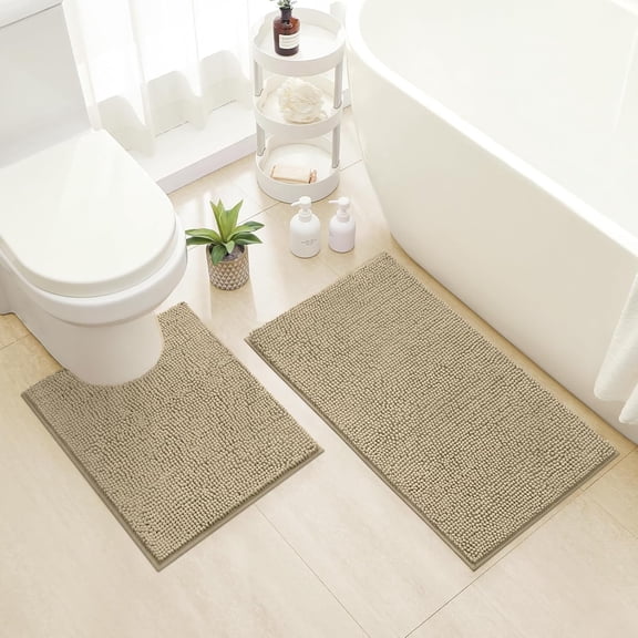 LKIFFA-Bathroom Rugs Set 2 Pieces, Ultra Soft Non Slip Absorbent Chenille Toilet Bath Mat Set (Taupe)