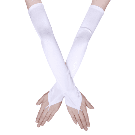 HDE Womens Over Elbow Fingerless Satin Gloves Adult Sized Formal Evening Wear (White)