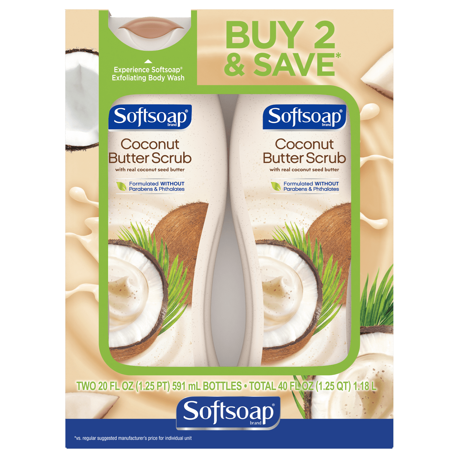 (2 pack) Softsoap Exfoliating Body Wash, Coconut Butter Scrub, 20 Ounce