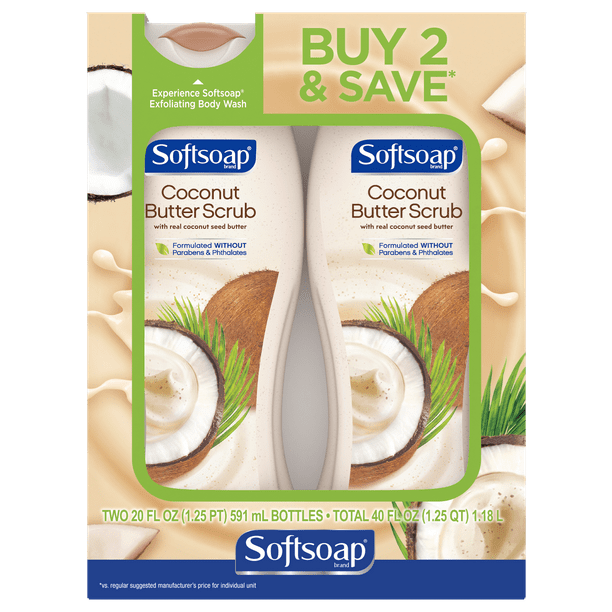(2 pack) Softsoap Exfoliating Body Wash, Coconut Butter Scrub, 20 Ounce