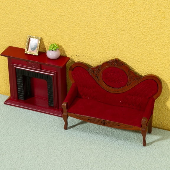 BESTYASH Vintage Red Miniature Sofa Model for Dollhouse Decoration, 1/12 Scale Wooden Furniture Accessory