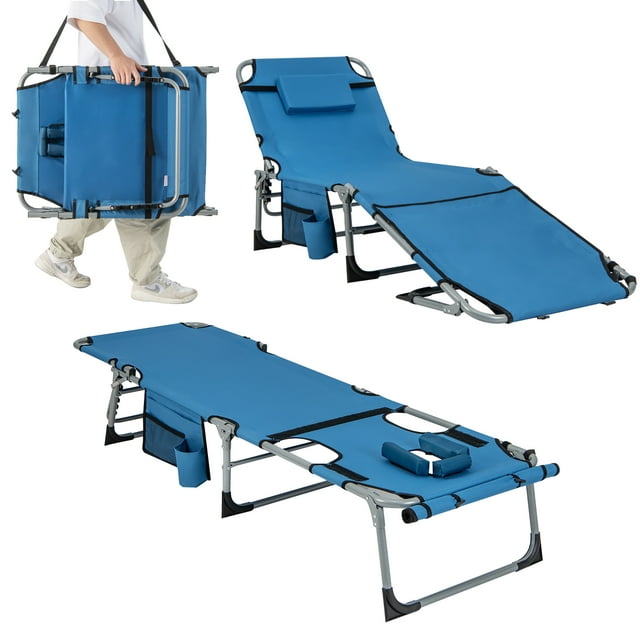 Gymax Folding Chaise Lounge Chair Sunbathing Recliner w/ Face Hole & Removable Pillow
