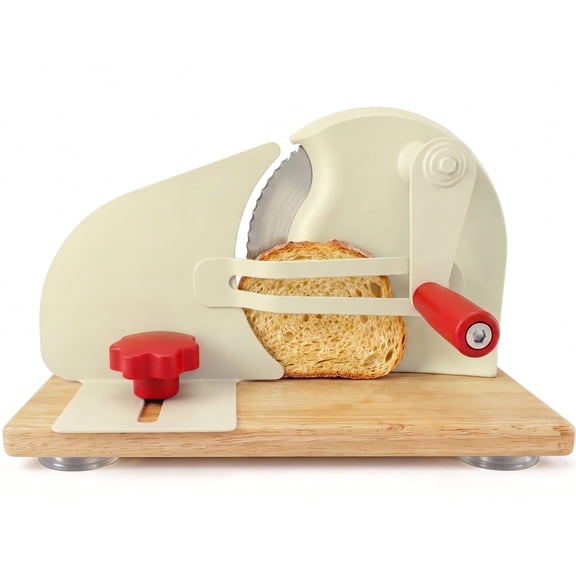 DQQKMM Manual Bread Slicer, Adjustable Thickness Bread Slicer with Suction Cups for Homemade Sourdough, Stainless Steel Blade & Solid Wood Base, Beige