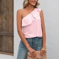 thumbnail image 3 of Women One Shoulder Top Summer Eyelet Ruffle Trim Sleeveless Pure Color Top for Female Pink S, 3 of 8