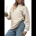 thumbnail image 3 of Sudadera de Cuello Redondo A Rayas de Gran Tamaño para Mujer, Jersey de Larga con Bloques de Color, Camiseta Informal Holgada para Hacer Ejercicio, Color Caqui L, 3 of 6