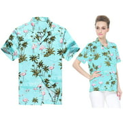 Made in Hawaii Couple Matching Hawaii Luau Aloha Shirts in Pink Flamingos in Turquoise