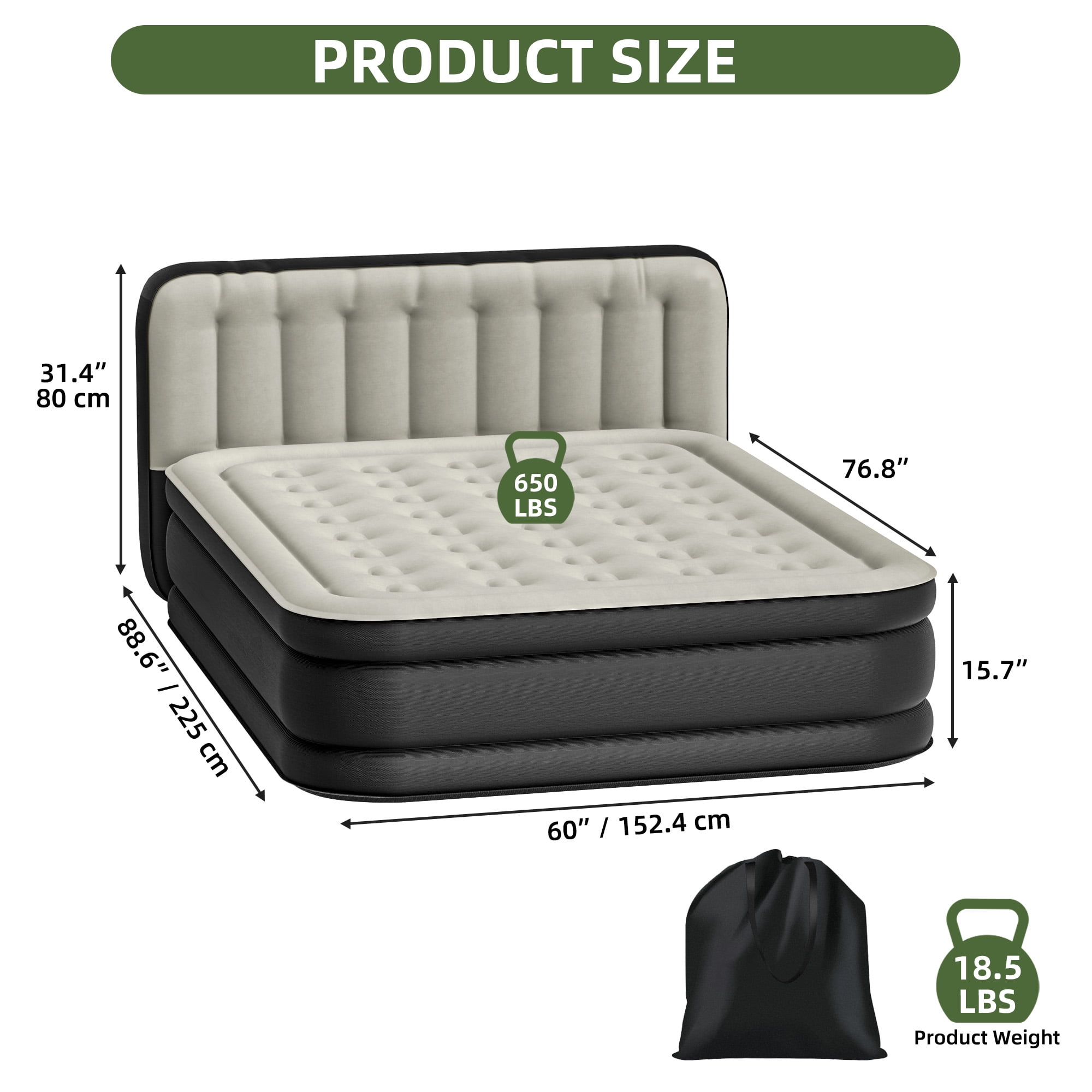 Uforic 18" Queen Air Mattress with Built-in Pump, Flocked Top Inflatable Bed with Banded Headboard for Home, Camping & Guests, Black