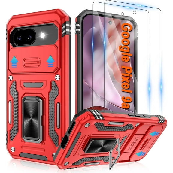 MYKOMI for Google Pixel 9A Case with [2 Pack] HD Screen Protector   Slide Camera Cover, 360° Rotation Ring Kickstand [Military Grade] Shockproof Protective Phone Cover for Pixel 9A