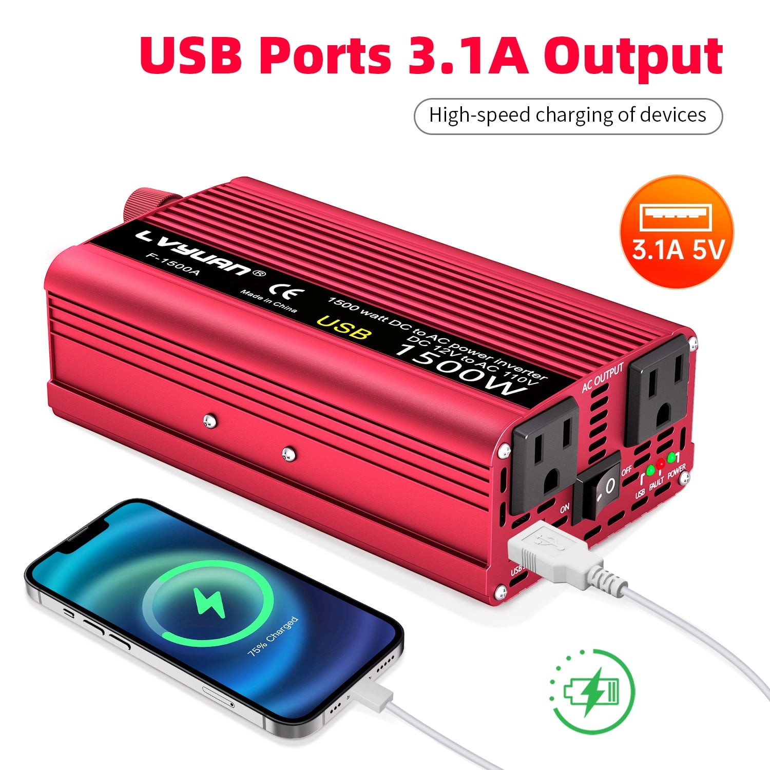 LVYUAN 1500 Watts Peak Power Inverter Car Converter Adapter USB Charger Modified Sine Wave DC 12v to AC 110V Red