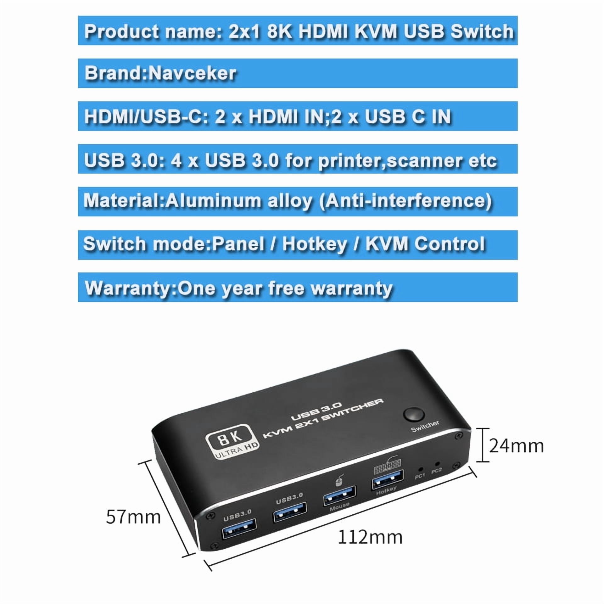 HDMI KVM Switch,AUBEAMTO 8K USB Switch 2x1 HDMI2.1 Ports + 4X USB3.0 KVM Ports, Share 2 Computers one Monitor Switch,Supports 8K 60Hz,4K 120Hz,YUV 4:4:4, HDCP 2.3, HDR 10, Hotkey