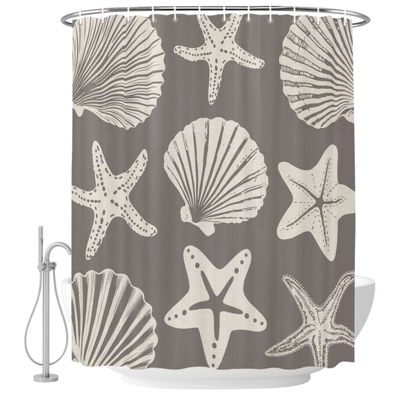 Gray Coastal Shower Curtain for Bathroom, Starfish Shell Ocean Nautical Waterproof Cloth Fabric Bathroom Accessories Set with 12 Rust Proof Plastic Hooks, 72"x78"