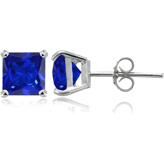 beryl_creation 4Ctw Princess Cut Blue Sapphire 14K White Gold Finish Push Back Studs Earrings