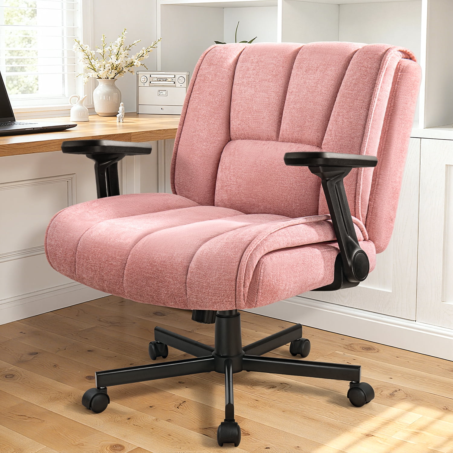 BOSSIN Criss Cross Chair with Wheels,Cross Legged Office Chair,Wide Criss Cross Chair with Flip-Up Arms & Extra-Deep Seat Thickened for Office Chair,Plush Cushion,Cute,Comfy,Pink