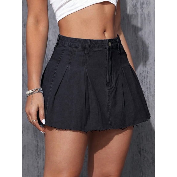 Women Black Pleated Denim Mini Skirt Casual A-Line Style