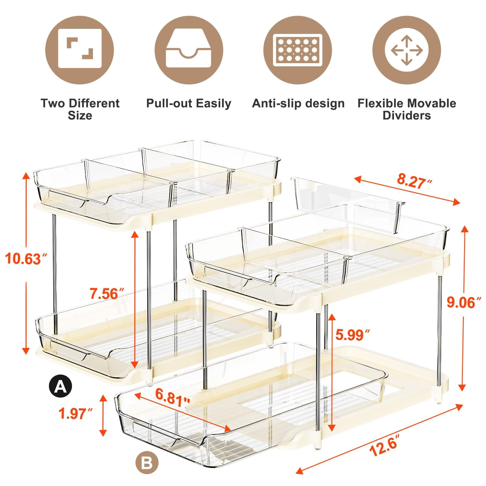 2-tier Multi-purpose Bathroom Under Sink Organizers And Storage  Stackable Kitchen Pantry Organization Pull Out Cabinet Organizer With Movable Dividers Beige 2 Pack