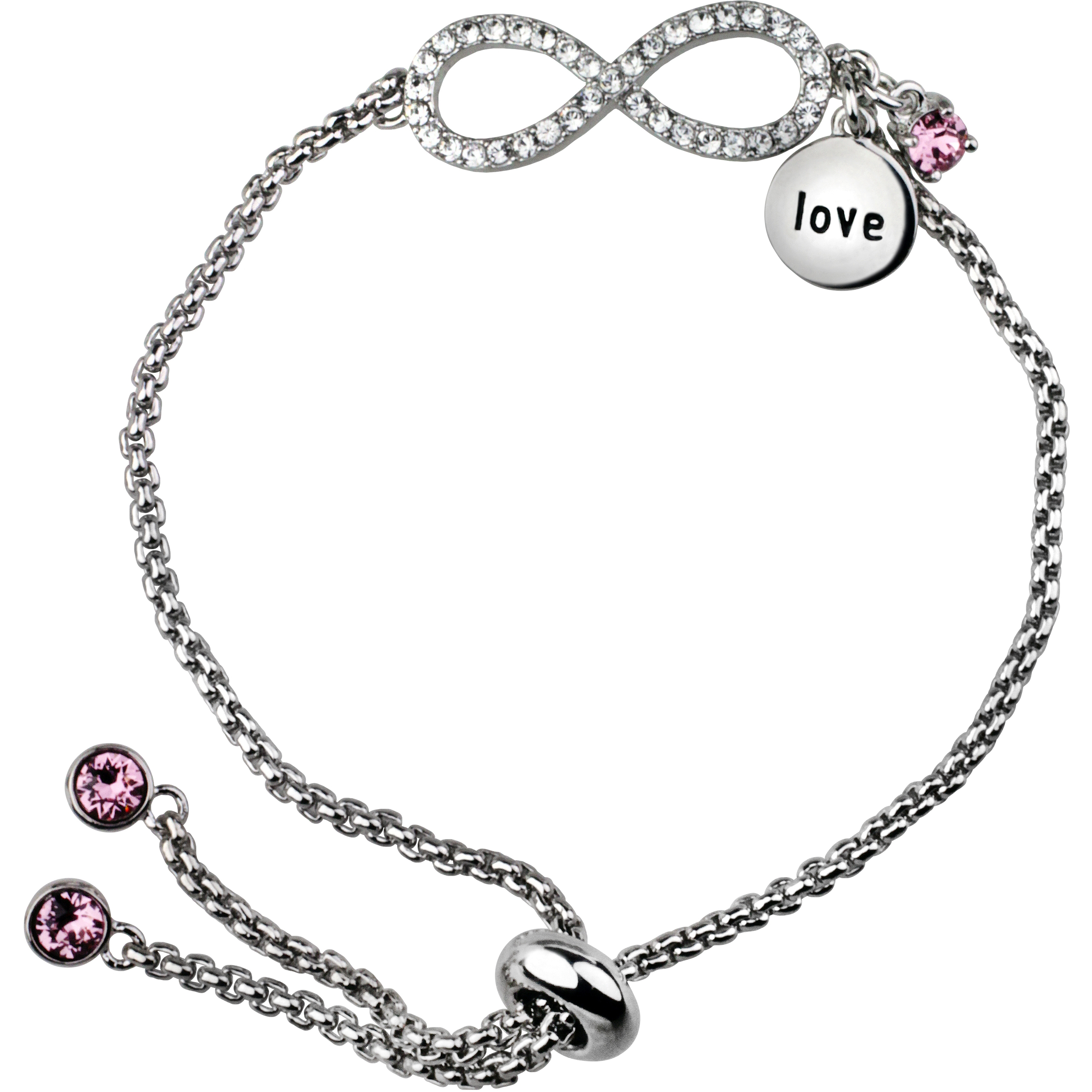 SILVER PLATED PINK CRYSTAL INFINITY ADJUSTABLE BRACELET
