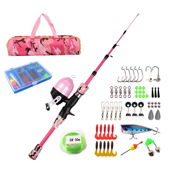 1.5m Kids Camo Pink Telescopic Lure Fishing Rod Kit - Lightweight Safe Design with Spinning Reel, PE Line, 5 Artificial Lures, Hooks & Storage Bag - Portable Beginner Outdoor Fishing Gear for Children