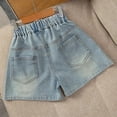 thumbnail image 4 of GiLiling Girls Bow Print Elastic Waist Denim Shorts, Frayed Hem Jean Shorts with Pockets for Kids Summer Casual Wear (Blue, 9-10 Years), 4 of 5