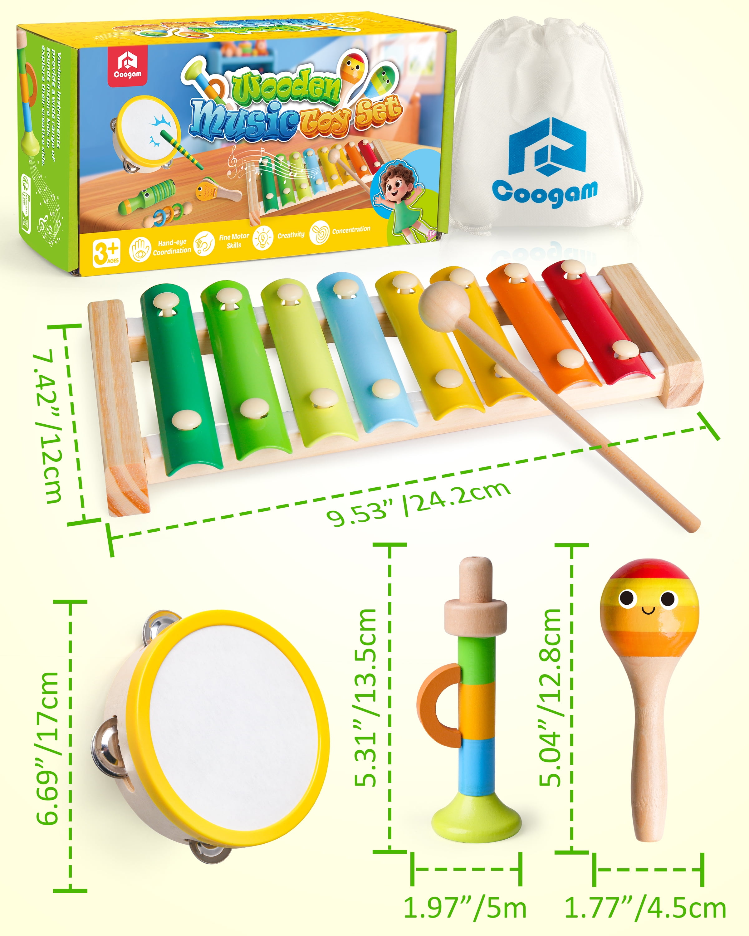 Coogam Wooden Musical Instruments for Toddlers, Tambourine Xylophone Castanet Flute Maracas Playset, Wood Percussion Rhythm Music Toy, Montessori Educational Learning for 1 Years Old