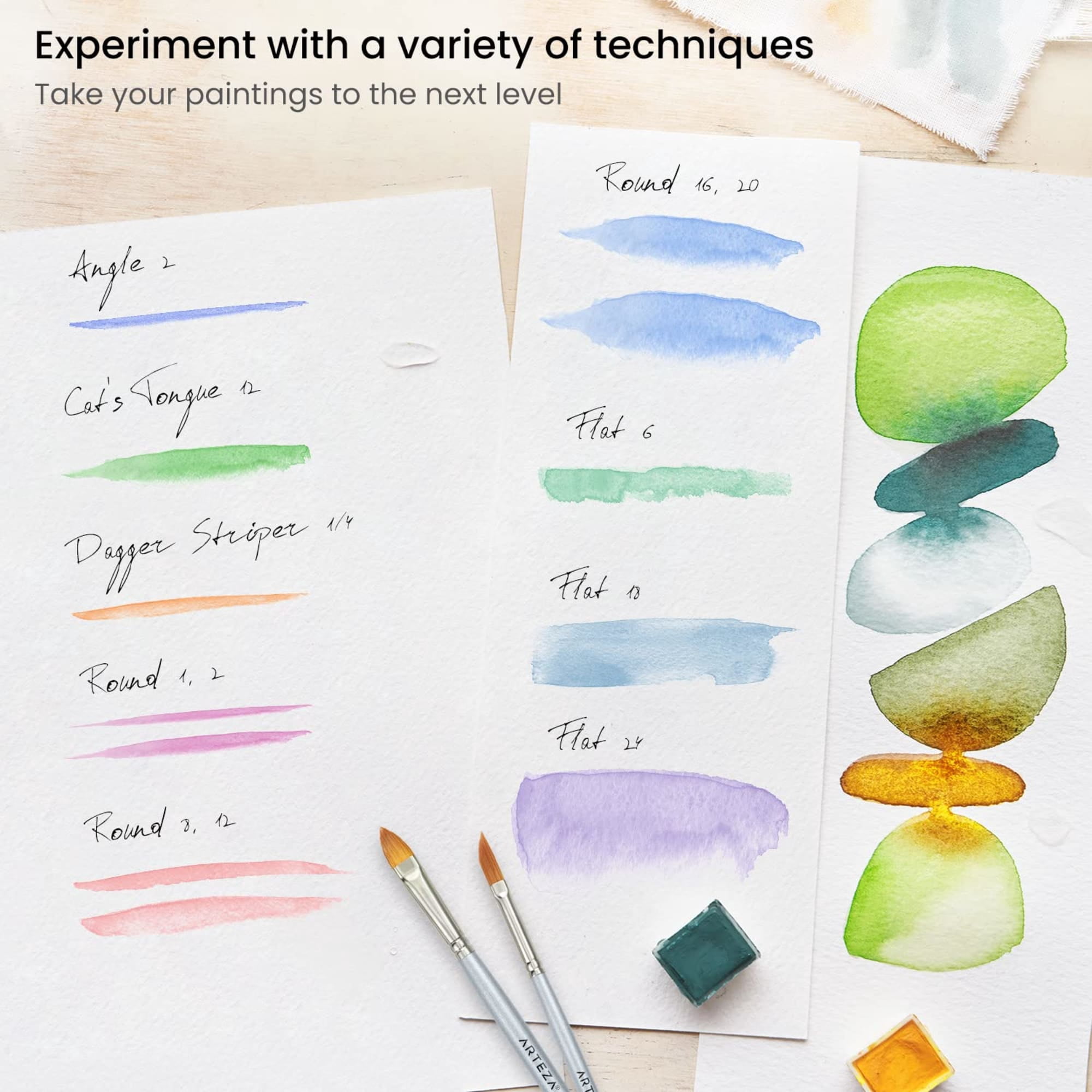 Arteza Watercolor Brushes, Round, 12 Count, Synthetic
