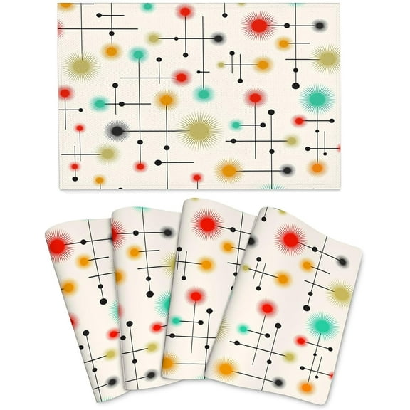 Mid Century Modern Placemats Set of 4, Washable Retro Table Mats for Kitchen Dining Tables Yellow Decorative Linen Place Mats 12x18 Inch