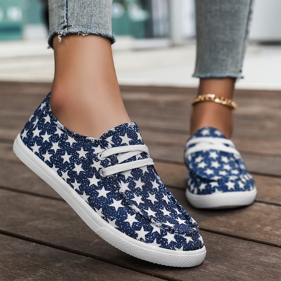 Women's Canvas Sneakers Casual Slip On Low Top Shoes with American Flag Print Fashion Comfort Walking Flat Shoes for Summer,Blue Size 43