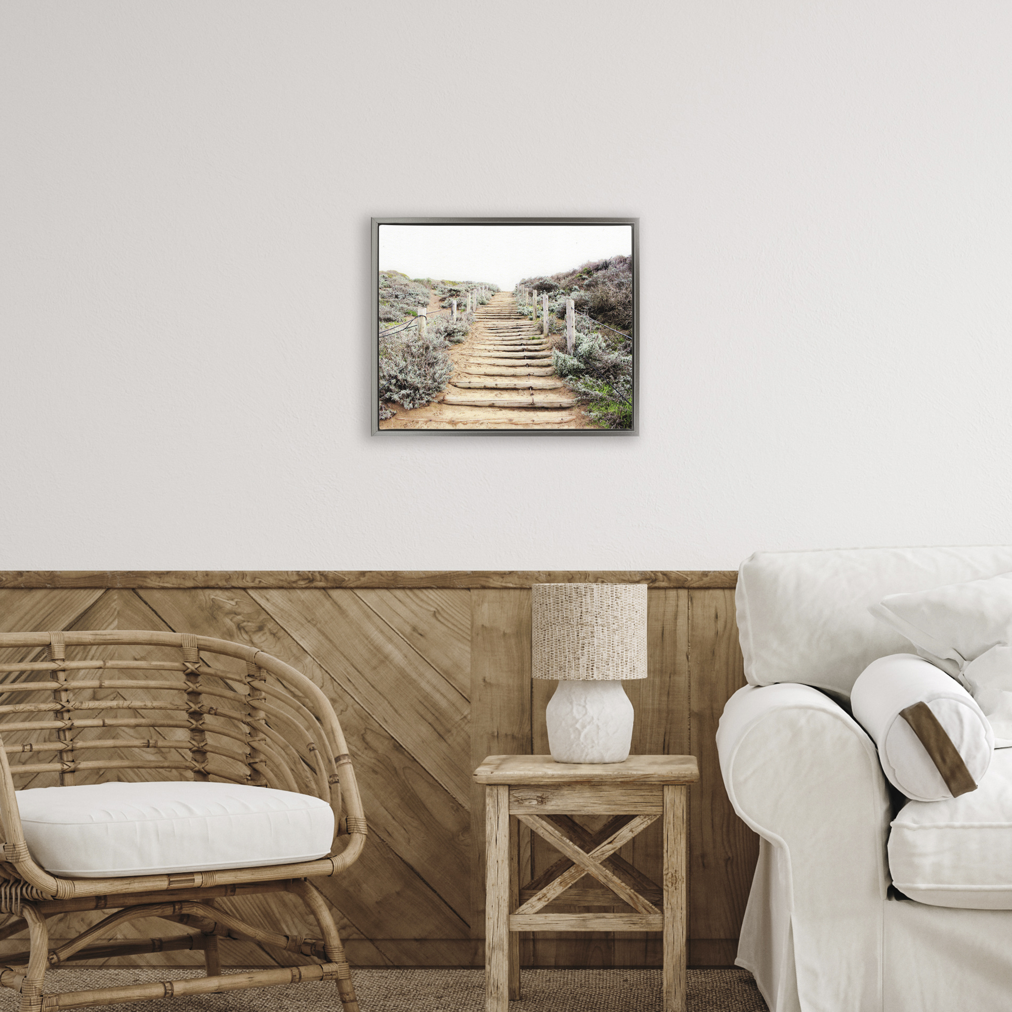 Wooden Stairway to Heaven Gray Framed Floater Canvas Wall Art, design by Leah Noel Art
