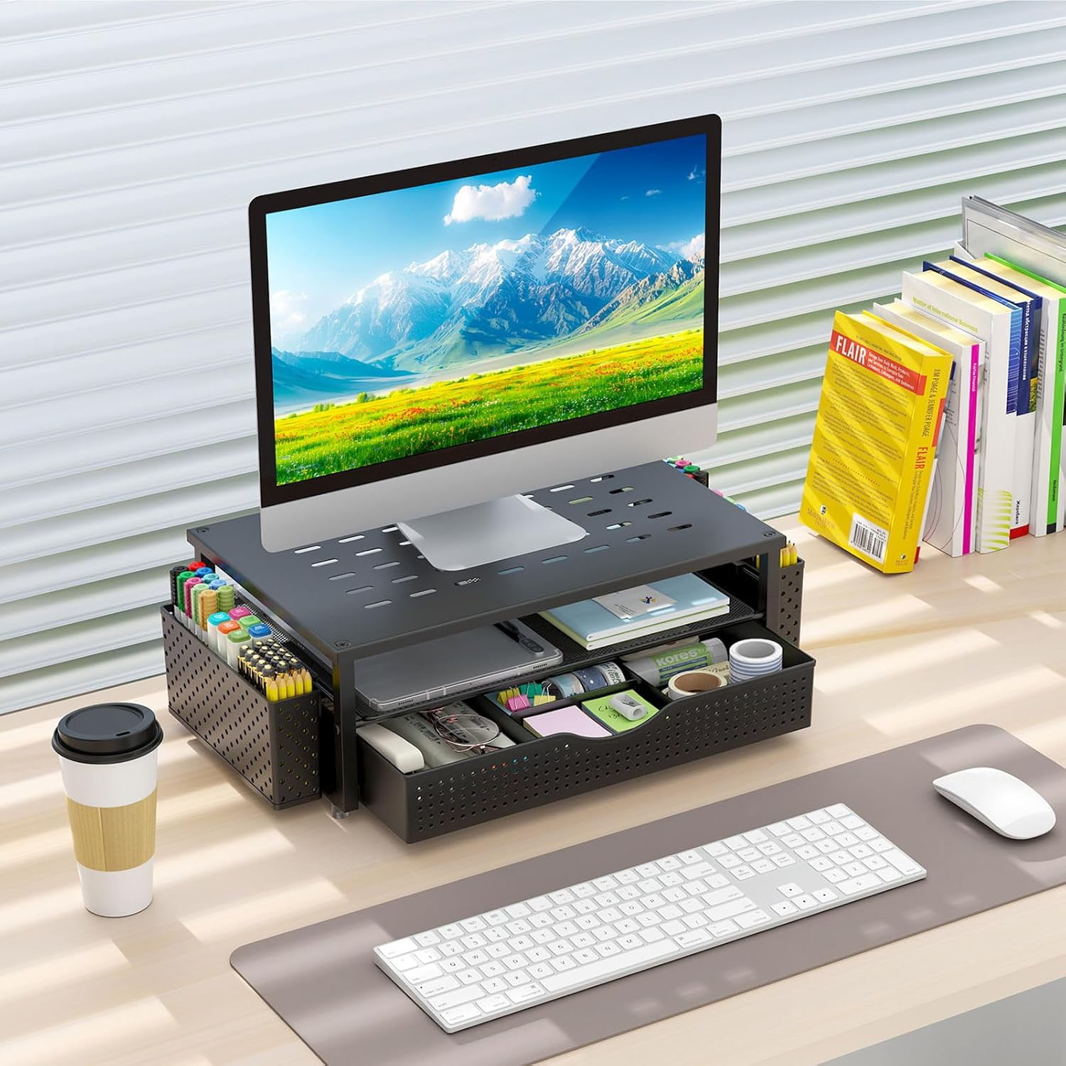 Desk Organizers and Accessories, Monitor Stand with Drawer and 2 Pen Holder, Desktop Organizer Suitable for Offices and Dormitories (Black)