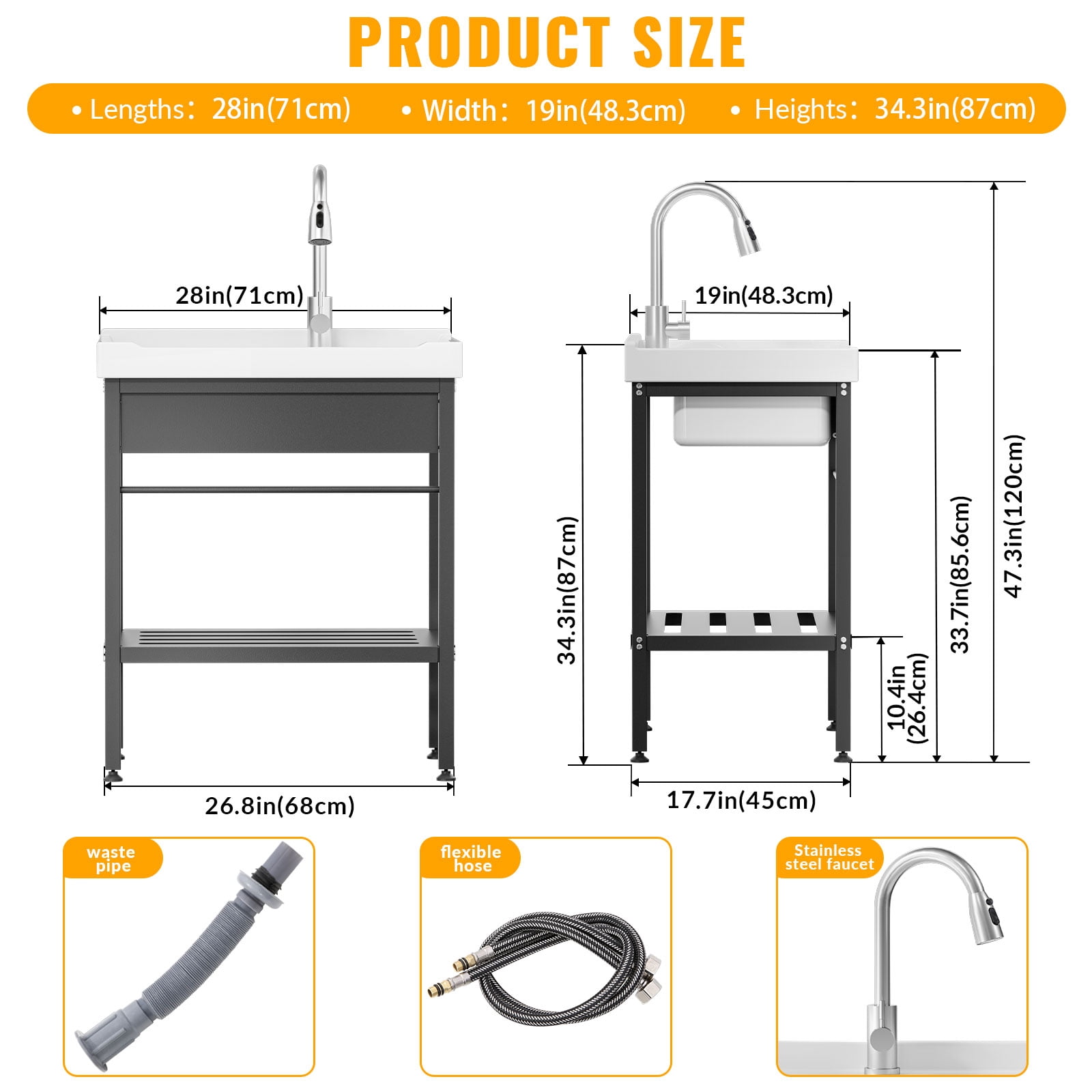 Laundry Room Sink, 26.8" × 17.7" × 34.3" Ceramic Utility Sink with Built-in Washboard, Complete Freestanding Basin with Hot & Cold Water Faucet, Water Hoses and Drain Assembly Kit, Ideal