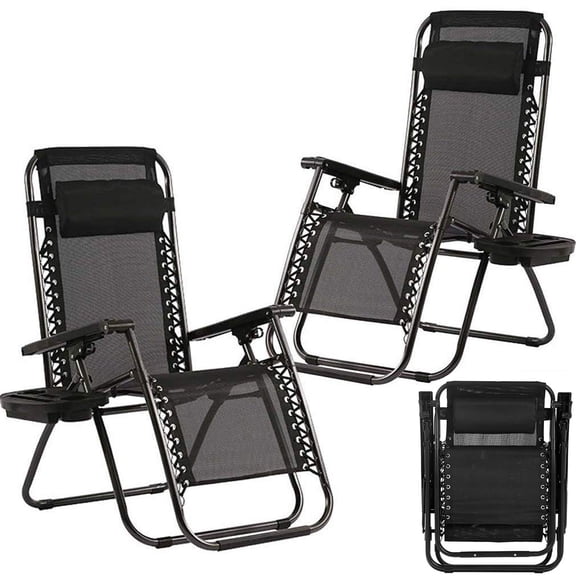 Zero Gravity Chair Set of 2, Folding Lounge Chairs, Adjustable Reclining Chair Camping Lawn Chairs w/Pillow and Cup Holder Tray, Comfortable & Breathable, Black