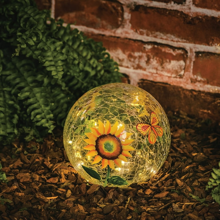 Mainstays 6 Inch Solar Sunflower Crackle Glass Ball Decor, Outdoor