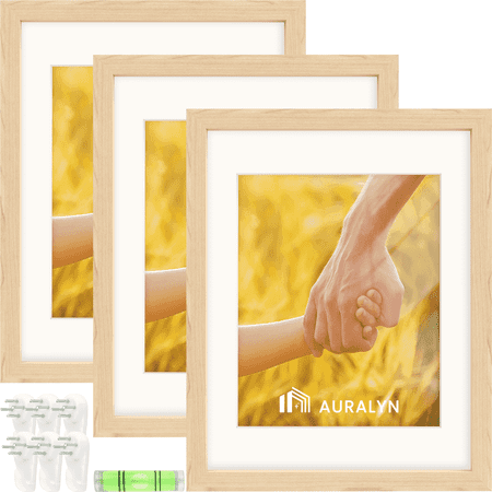 Auralyn Home 11x14 Picture Frames Set of 3, Fits 8x10 with Mat or 11x14 Without Mat, Includes Hanging Kit, Wood Grain