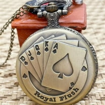 Bronze Poker Pocket Watch Double Sided Flip Case Retro Necklace Watch Quartz Pendant for Men and Women