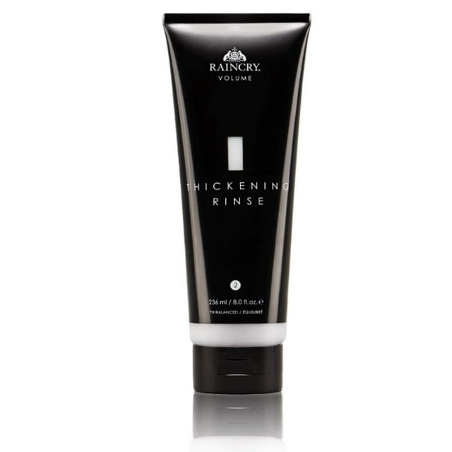 RAINCRY Thickening Rinse Conditioner in a sleek black 236 mL (8 oz) tube with white text and branding. Designed to enhance the appearance of fuller, thicker-looking hair, this lightweight, pH-balanced formula is colour-safe, keratin-safe, and free from parabens, sulfates, and phthalates. Suitable for fine to normal hair and ideal for regular use.
