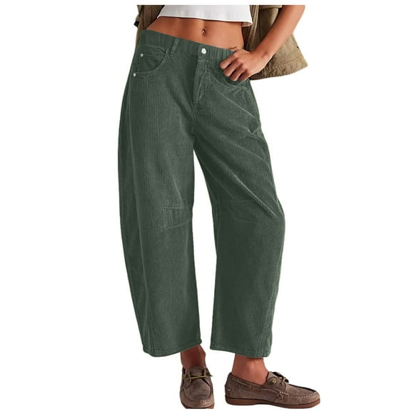 Bmisegm Women's Casual Corduroy Pants Mid Rise Elastic Waist Wide Leg Trousers with Pockets for Effortless Style and Comfort Dark Green L